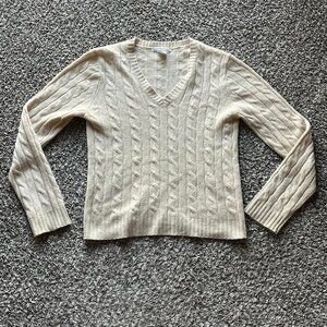100% Cashmere Evelyn Grace Sweater Womens Large Beige Vintage Cable Knit Cottage